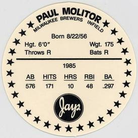 1986 Jays Discs #NNO Paul Molitor Back