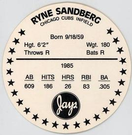 1986 Jays Discs #NNO Ryne Sandberg Back