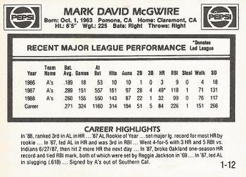 1989 Pepsi Mark McGwire #1 Mark McGwire Back