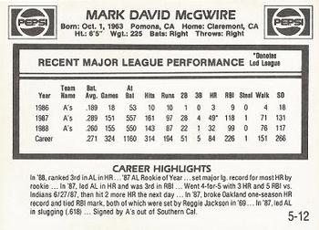 1989 Pepsi Mark McGwire #5 Mark McGwire Back