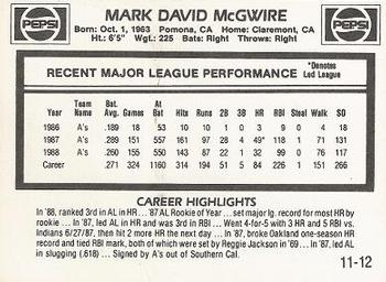 1989 Pepsi Mark McGwire #11 Mark McGwire Back