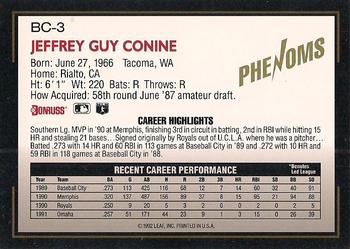 1992 Donruss The Rookies - Phenoms #BC-3 Jeff Conine Back