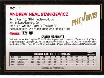 1992 Donruss The Rookies - Phenoms #BC-11 Andy Stankiewicz Back