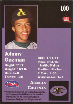 1993 Lime Rock Dominican Winter League #100 Johnny Guzman Back