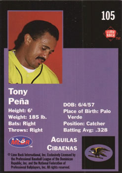 1993 Lime Rock Dominican Winter League #105 Tony Pena Back