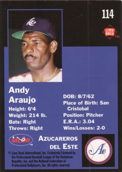 1993 Lime Rock Dominican Winter League #114 Andy Araujo Back