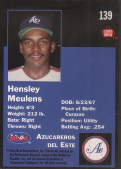 1993 Lime Rock Dominican Winter League #139 Hensley Meulens Back