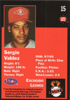 1993 Lime Rock Dominican Winter League #15 Sergio Valdez Back