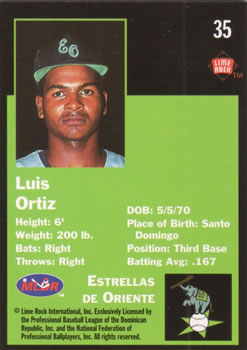 1993 Lime Rock Dominican Winter League #35 Luis Ortiz Back