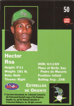 1993 Lime Rock Dominican Winter League #50 Hector Roa Back