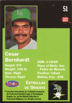 1993 Lime Rock Dominican Winter League #51 Cesar Bernhardt Back