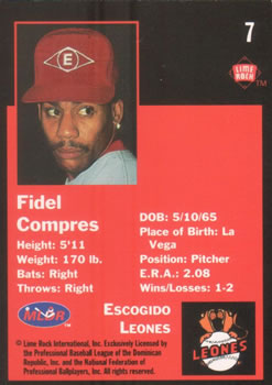 1993 Lime Rock Dominican Winter League #7 Fidel Compres Back