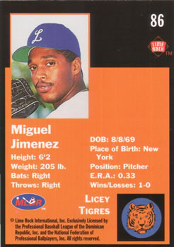 1993 Lime Rock Dominican Winter League #86 Miguel Jimenez Back