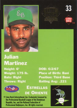 1993 Lime Rock Dominican Winter League - Diamond Stars #33 Julian Martinez Back