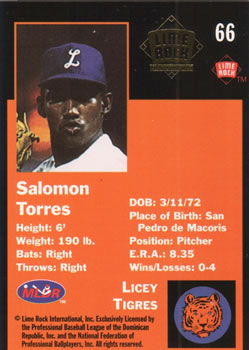 1993 Lime Rock Dominican Winter League - Diamond Stars #66 Salomon Torres Back