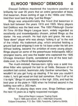 1990 Eclipse Stars of the Negro Leagues #6 Bingo DeMoss Back