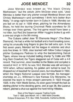 1990 Eclipse Stars of the Negro Leagues #32 Jose Mendez Back