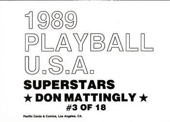 1989 Pacific Cards & Comics Playball U.S.A. (unlicensed) #3 Don Mattingly Back