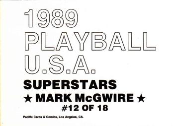 1989 Pacific Cards & Comics Playball U.S.A. (unlicensed) #12 Mark McGwire Back