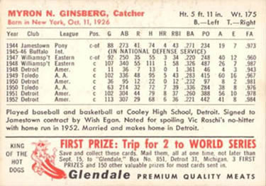 1953 Glendale Hot Dogs Detroit Tigers #NNO Joe Ginsberg Back