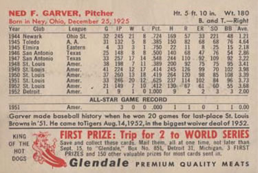 1953 Glendale Hot Dogs Detroit Tigers #NNO Ned Garver Back