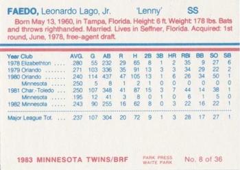 1983 Minnesota Twins #8 Lenny Faedo Back