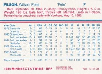 1984 Minnesota Twins #17 Pete Filson Back