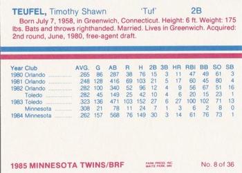 1985 BRF Minnesota Twins #8 Tim Teufel Back