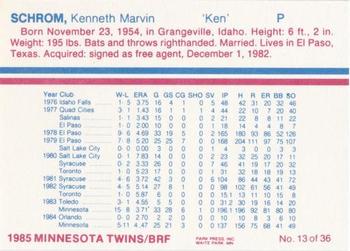 1985 BRF Minnesota Twins #13 Ken Schrom Back