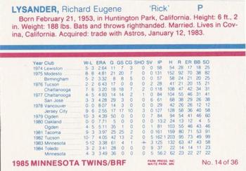 1985 BRF Minnesota Twins #14 Rick Lysander Back