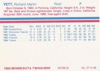 1985 BRF Minnesota Twins #27 Rich Yett Back