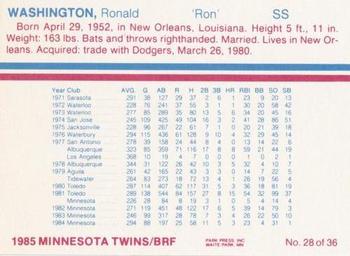 1985 BRF Minnesota Twins #28 Ron Washington Back