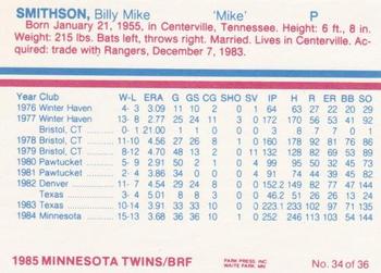 1985 BRF Minnesota Twins #34 Mike Smithson Back