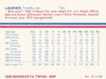 1986 Minnesota Twins #10 Tim Laudner Back