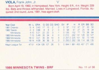 1986 Minnesota Twins #11 Frank Viola Back