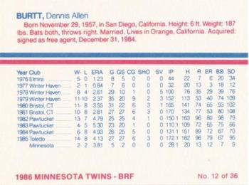 1986 Minnesota Twins #12 Dennis Burtt Back