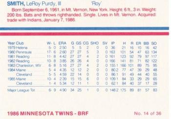 1986 Minnesota Twins #14 Roy Smith Back