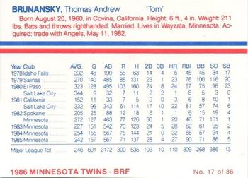 1986 Minnesota Twins #17 Tom Brunansky Back