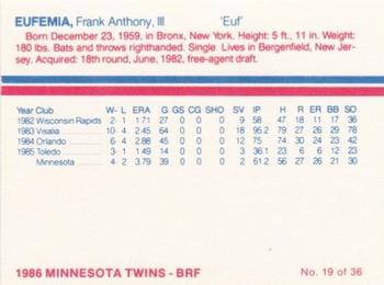 1986 Minnesota Twins #19 Frank Eufemia Back