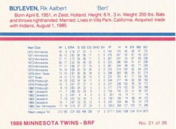 1986 Minnesota Twins #21 Bert Blyleven Back