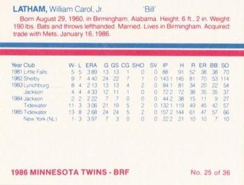 1986 Minnesota Twins #25 Bill Latham Back