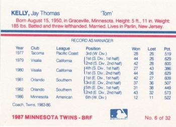 1987 Minnesota Twins #6 Tom Kelly Back