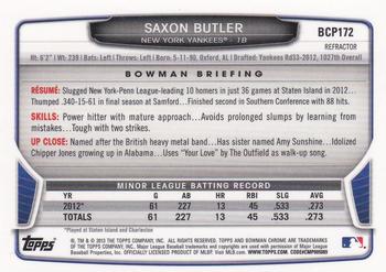 2013 Bowman Chrome - Prospects Green Refractors #BCP172 Saxon Butler Back