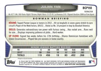 2013 Bowman Chrome - Prospects Green Refractors #BCP193 Julian Yan Back