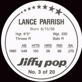 1986 Jiffy Pop Discs #3 Lance Parrish Back