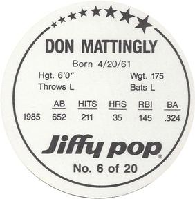 1986 Jiffy Pop Discs #6 Don Mattingly Back