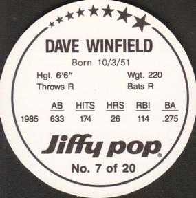 1986 Jiffy Pop Discs #7 Dave Winfield Back