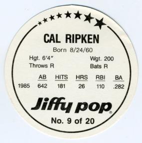 1986 Jiffy Pop Discs #9 Cal Ripken Jr. Back