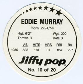 1986 Jiffy Pop Discs #10 Eddie Murray Back