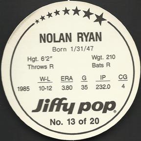 1986 Jiffy Pop Discs #13 Nolan Ryan Back